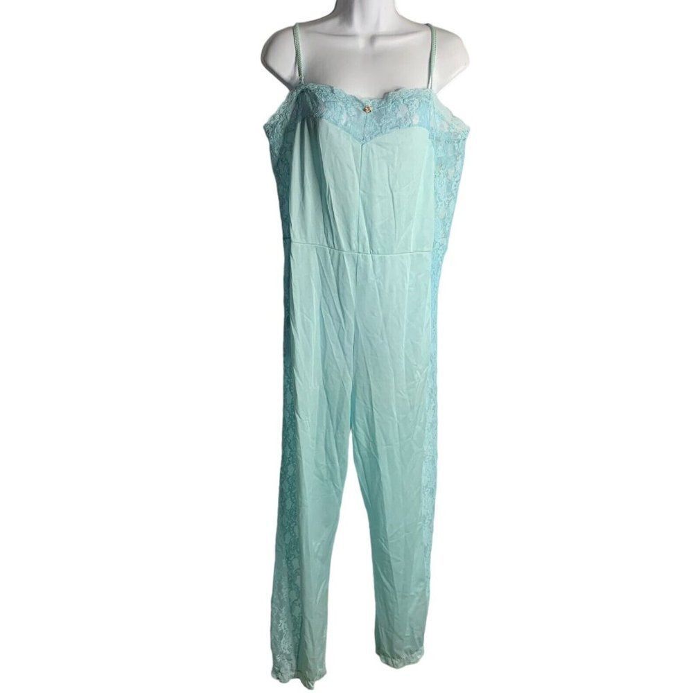 Vintage 70s 80s Nylon Lingerie Jumpsuit L Blue Lace Sweetheart